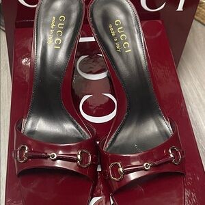 Gucci Women's Burgundy Mules with Gold Accents